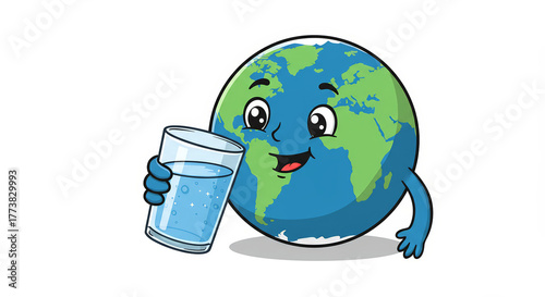 Cartoon earth character holding a glass of water on a transparent background