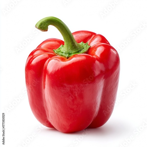 A close-up shot of a vibrant red bell pepper, with a green stem, isolated, perfect for culinary content