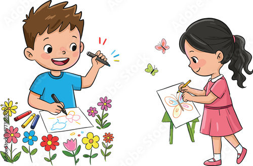 Children drawing with crayons and easel in colorful garden, creative kids making art, outdoor activity, imagination, butterflies, joyful expression