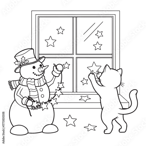 Snowman cat decorating window with stars colouring page