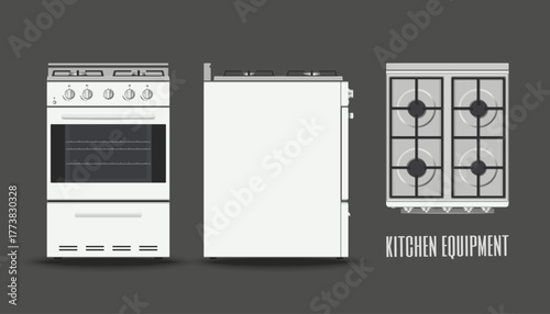 Kitchen stove front, side and top views. White electric oven on grey background. Domestic gas equipment. 3D cooking appliance drawing