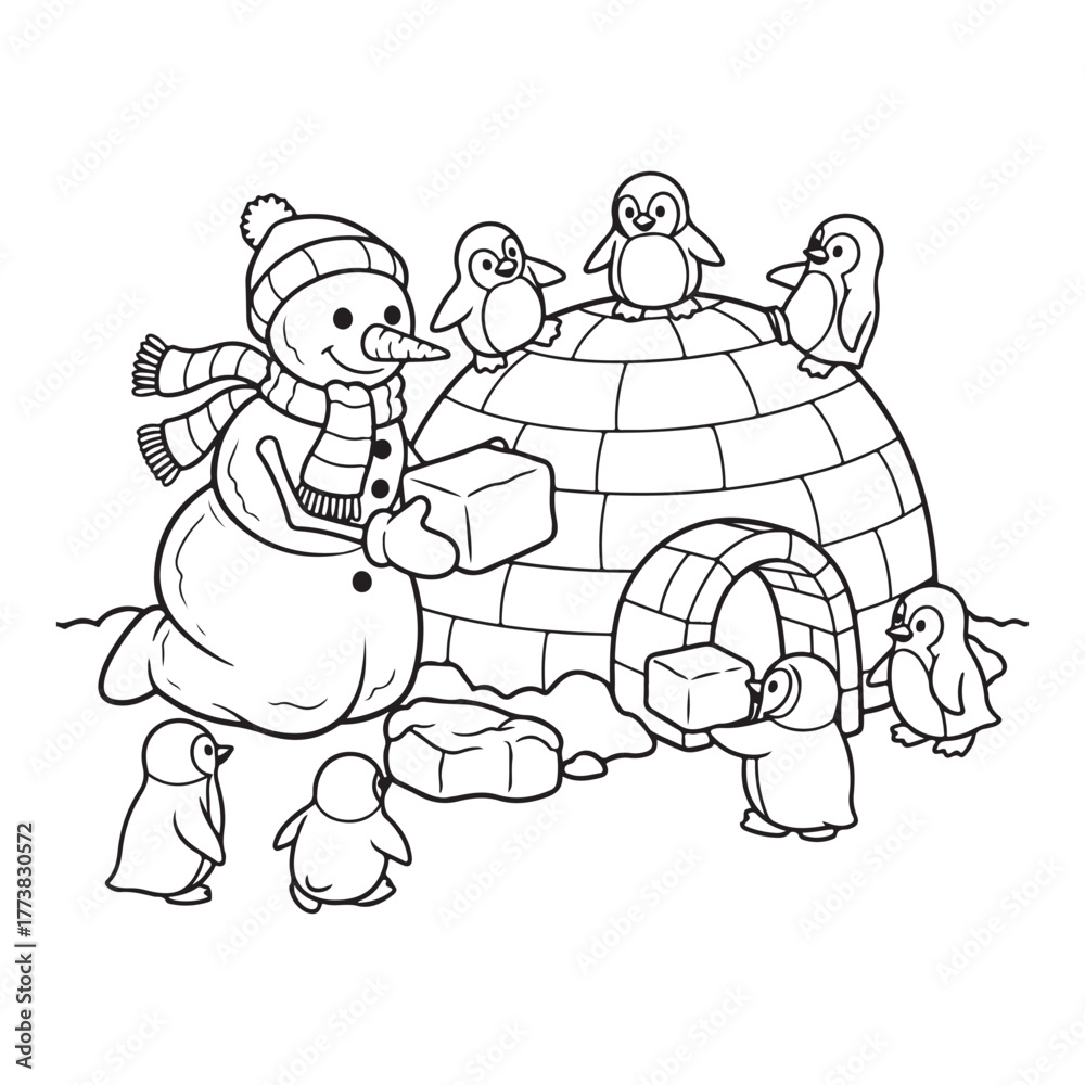 Fototapeta premium Snowman and penguins building an igloo colouring page