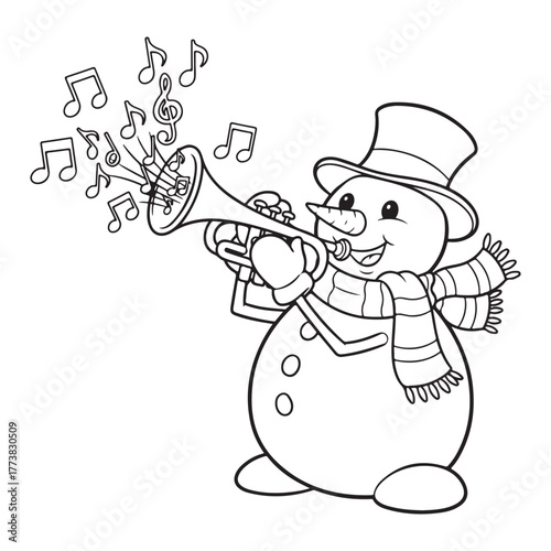 A snowman playing a trumpet with music colouring page