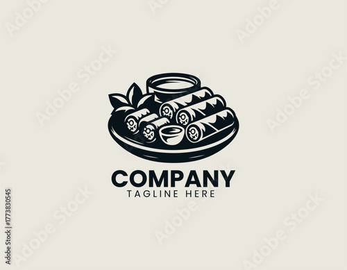 Traditional Asian Spring Rolls Dish Artistically Arranged in a Bowl with Dipping Sauce and Chopsticks Vector Logo Illustration