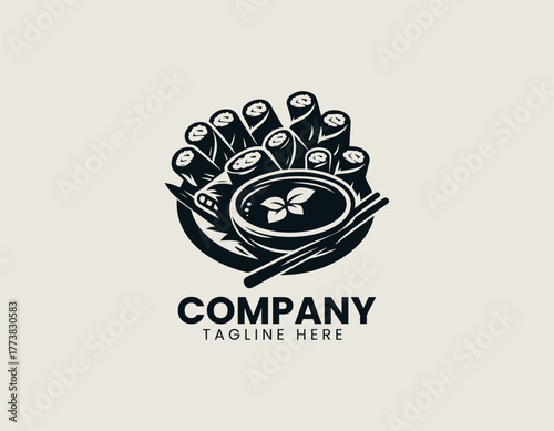 Traditional Asian Spring Rolls Dish Artistically Arranged in a Bowl with Dipping Sauce and Chopsticks Vector Logo Illustration