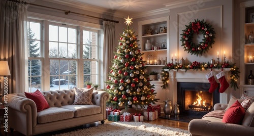 cozy christmas living room with decorated tree, fireplace, and snowy outdoor view.
