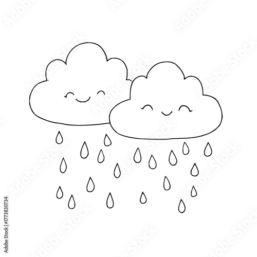 Two hanging clouds with smiling faces and dangling raindrops in a whimsical black and white illustration