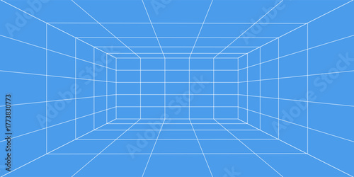 3d wireframe grid room. 3d perspective laser grid 16 9.. Cyberspace blue background with white mesh. Futuristic digital hallway space in virtual reality. Vector illustration.