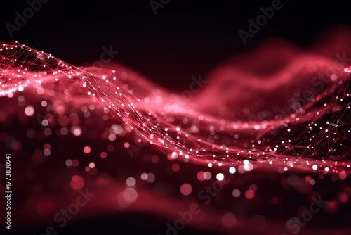 Abstract, futuristic red network on dark background with bokeh effects. Great for technology, science, data, or communications concepts.