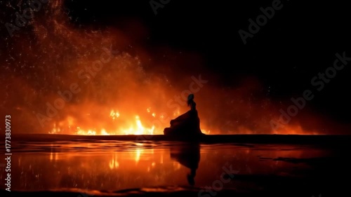 Silhouette of a person with fiery backdrop and reflective surface