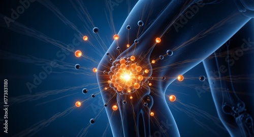 glowing knee joint with radiating energy particles representing pain or inflammation in a medical illustration.