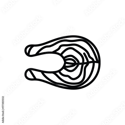 A black line drawing of a salmon fillet with visible fat marbling