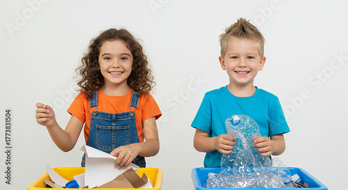 Smiling children recycling paper and plastic waste in a bright environment