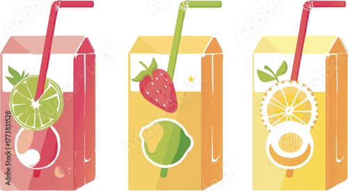 minimalist vector illustration of three different-colored juice cartons with fruit icons on them one pink and green, one yellow and white