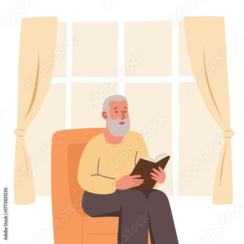 Senior man by the window. Elderly man standing near a window. Older gentleman looking through the window. Mature man pictured by window light. Elderly set