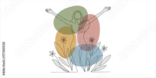 Woman raising her arms and embracing nature, A refined continuous line art illustration enhanced with abstract color blocks and organic shapes