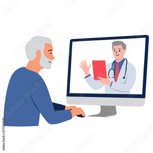 Senior using telemedicine app. Elderly person on online doctor call. Older adult in video medical consultation. Retiree having remote telehealth appointment. Elderly set