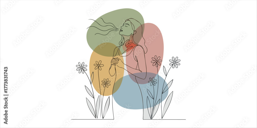 Obraz premium Young woman pulping her inflamed neck, A refined continuous line art illustration enhanced with abstract color blocks and organic shapes