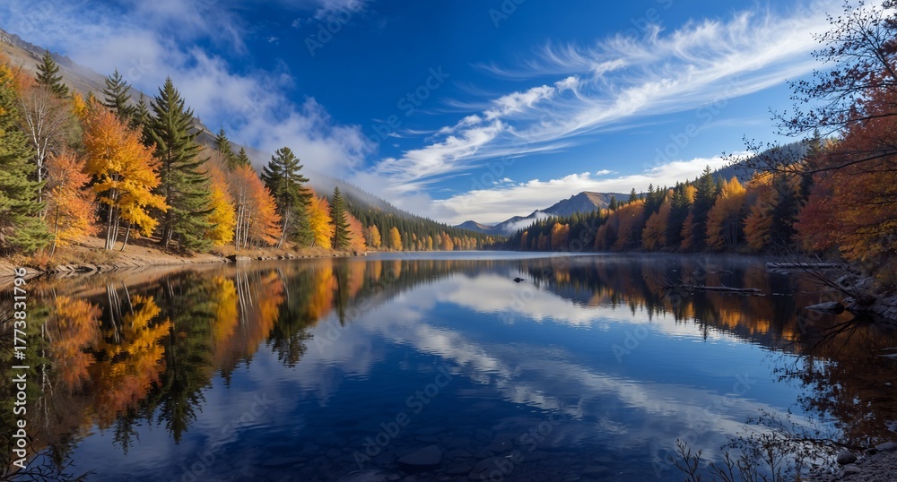 Fototapeta premium autumnal lake reflections with vibrant fall foliage and mountain backdrop.