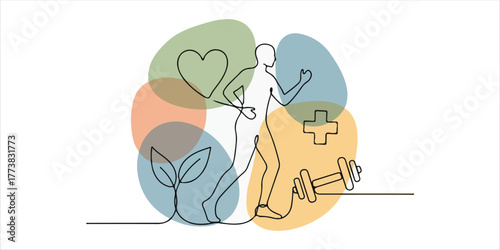 Healthy lifestyle and medical concept,  A refined continuous line art illustration enhanced with abstract color blocks and organic shapes