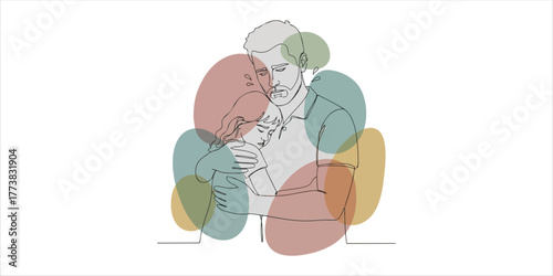 Daughter hugging her father sadly,  A refined continuous line art illustration enhanced with abstract color blocks and organic shapes