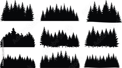 Flat vector silhouette set of forest tree lines, pine shapes, conifer elements, nature design, black woodland illustration, landscape icons