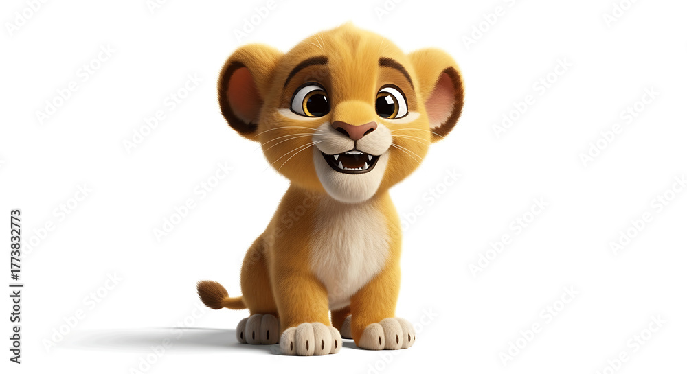 Naklejka premium Adorable Animated Lion Cub Portrait A Charming, Happy Illustration of a Playful Safari Animal