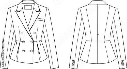 Women’s double-breasted blazer fashion flat sketch front and back view with buttons, lapel collar, peplum waist, vector outline