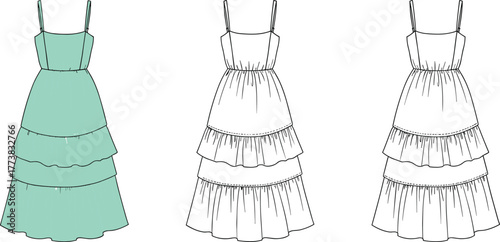 Tiered summer dress fashion illustration with straps, gathered skirt, flat sketch, coloring page, apparel design, vector template for stock