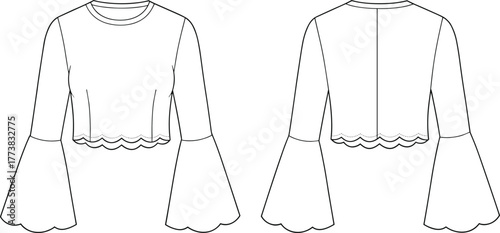 Women's cropped top fashion flat sketch with bell sleeves, scalloped hem, front and back view technical illustration for apparel design.