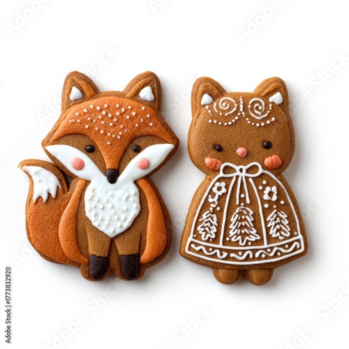 Festive gingerbread cookies shaped like a fox and a cat, decorated with icing and a joyful design