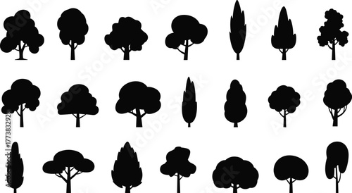 Flat vector silhouette set of various tree shapes, forest elements, botanical icons, nature design, black foliage collection, landscape illustration