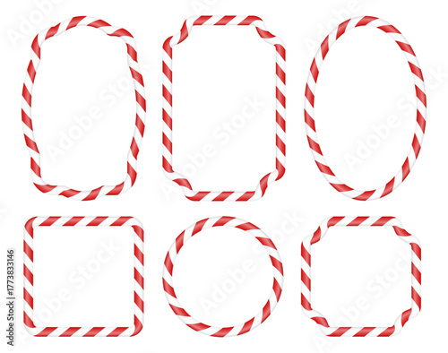 Set of decorative vector candy cane red and white striped blank frames, christmas name tag or card template