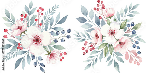 Watercolor floral arrangement with pink and white flowers and blue berries
