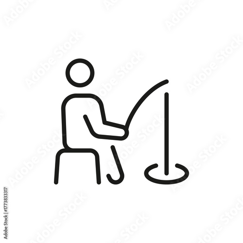 A simple line drawing shows a person fishing from a small seat with the fishing line cast towards a hole in the ground