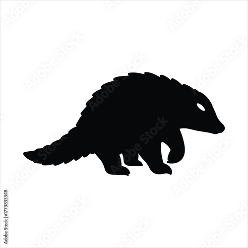 Pangolin animal silhouette vector illustration graphic design element isolated on white background depicting endangered wildlife mammal walking in a side view style.
