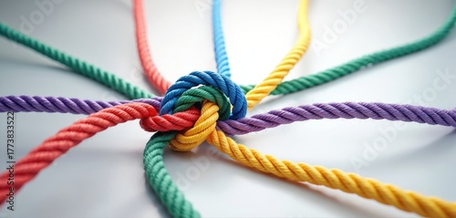 Colorful ropes tied together in a knot. Multiple strands connect centrally forming a unified bundle. Strong connection, teamwork, unity, and diversity.