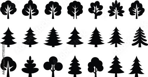 Flat vector silhouette set of stylized tree icons, conifer and broadleaf shapes, forest elements, botanical design, black nature illustration