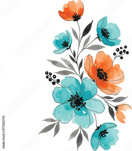 Watercolor floral bouquet drawing with blue and orange flowers on white