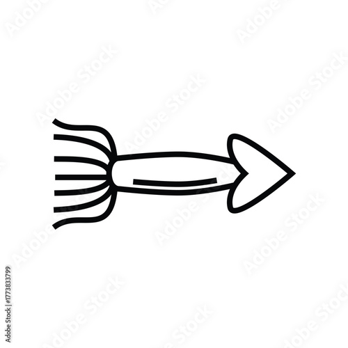 An arrowshaped squid with six tentacles rendered in black outline