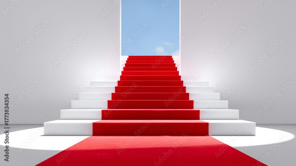 Fototapeta premium Red carpet staircase leading to an open window with blue sky, illuminated by soft lighting, creating an inviting atmosphere for events, celebrations, or award ceremonies, symbolizing success and achie