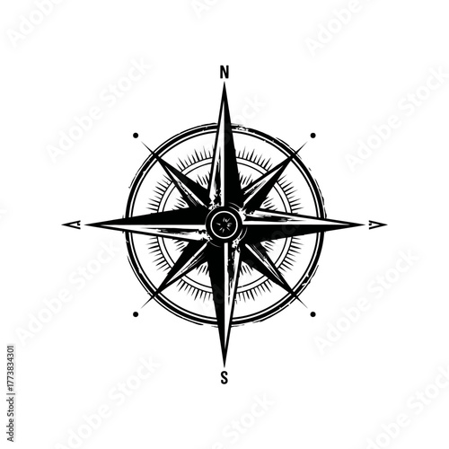 Vintage Compass Rose Vector Illustration. Black and White Distressed Design with Cardinal Directions for Navigation and Travel.