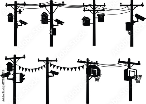 Flat vector silhouette set of utility poles with birdhouses, cameras, wires, basketball hoops, flags, urban street elements, infrastructure design