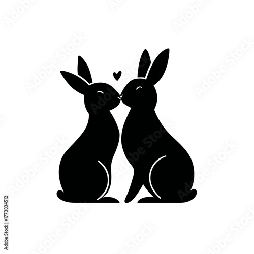 Sweet black bunnies kissing illustration with a heart. Minimalist romantic animal couple graphic design for love and affection.