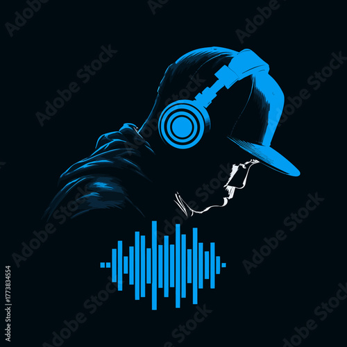 Urban silhouette listening to music with glowing blue headphones and sound wave equalizer on dark background, digital audio concept