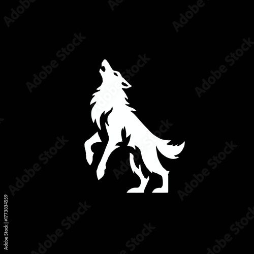 Majestic white wolf howling silhouette illustration on black background. Wild animal graphic symbol, predator icon, spirit animal concept.