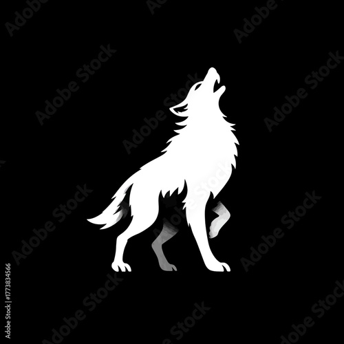 Dramatic howling wolf silhouette against a stark black background, powerful animal graphic design, minimalist wildlife illustration.