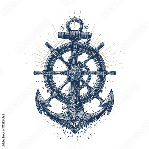 Vintage nautical anchor and ship's wheel with rope illustration. Classic maritime symbol, marine design element, ocean voyage concept.