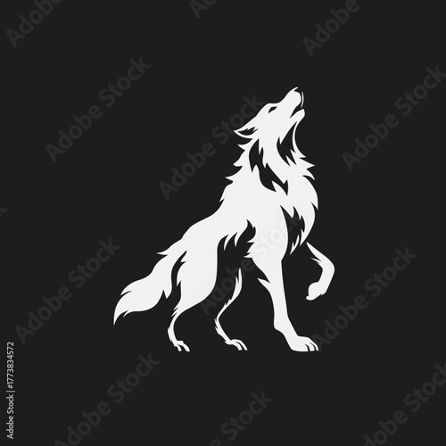 Stylized white wolf howling vector illustration on dark background. Majestic canine graphic design representing wilderness, strength, and freedom.