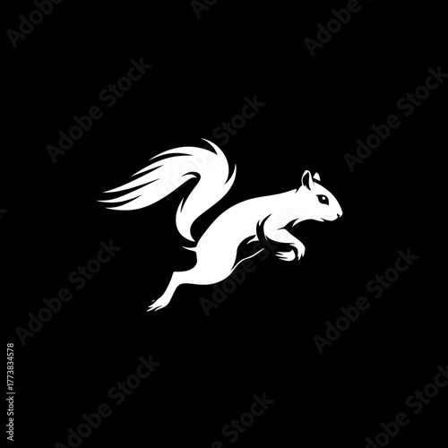 Dynamic white squirrel silhouette leaping on a solid black background, a minimalist graphic design for nature, wildlife, and energy concepts.